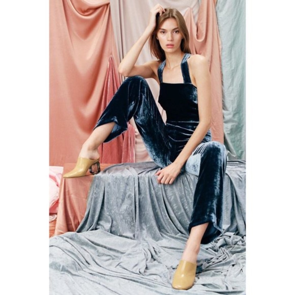STAUD Navy Blue Velvet Jumpsuit with Wide Straps
